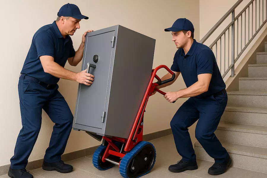 Flyttfirma bär tungt kassaskåp uppför trappa med specialutrustning